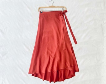 Tile Red Solid Midi Wrap Skirt with Ties, A-Line Skirt Envelope Skirt, Mid-Calf High Waisted Skirt