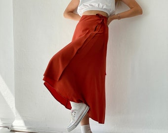 Tile Red Solid Midi Wrap Skirt with Ties, A-Line Skirt Envelope Skirt, Mid-Calf High Waisted Skirt