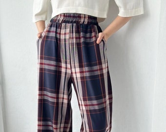 Retrobird Palazzo Elastic Waist Women Pants, Office Loose Fit Trousers, Vintage Stylish Plaid Business Pants, Wide-Leg Relaxed Trousers