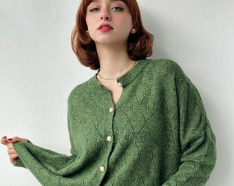 Pearl-Buttoned Openwork Knit Cardigan | Retrobird