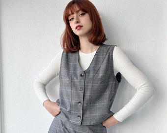 Retrobird Design Plaid Patterned Women Vest, Button-up Oversized Office Vest, Formal One size Businees Vest for Women