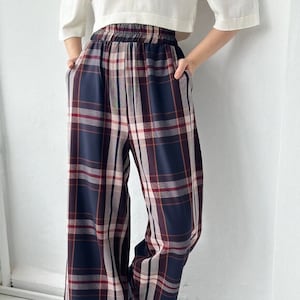 Retrobird Palazzo Elastic Waist Women Pants, Office Loose Fit Trousers, Vintage Stylish Plaid Business Pants, Wide-Leg Relaxed Trousers