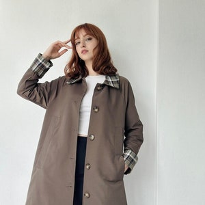 70s Vintage British Style Women Trenchcoat, Plaid Collar Brown Loose Fit Retro Style Oversized Autumn Overcoat, 70s Elegant Trenchcoat