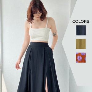 Woman High Waist Cotton Slit Long Skirt With Pockets, Midi Plus Size Summer Skirt, Elastic Waist, Gift for Her, Gift for Women