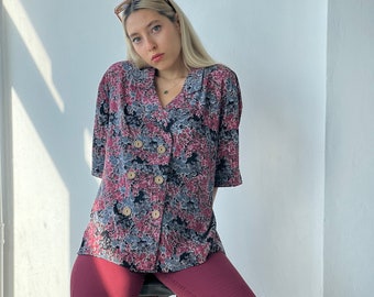 Damson Color Short Sleeve One Size Blouse | Loganberry Oversize Jacket | Women’s Shirt with Retro Collar