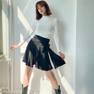 Women’s Cotton A-Line Mini Wrap Skirt, Adjustable Waist Skirt, Solid Black Boho Mini Skirt