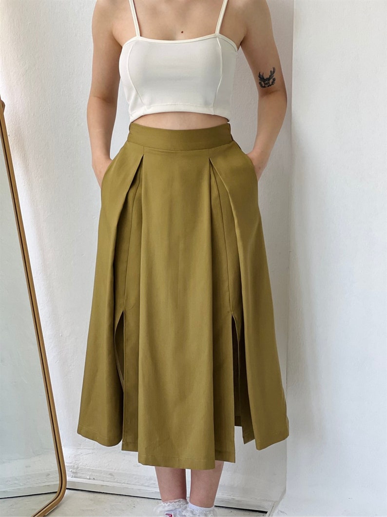 Woman High Waist Cotton Slit Long Skirt With Pockets, Midi Plus Size Summer Skirt, Elastic Waist, Gift for Her, Gift for Women image 6
