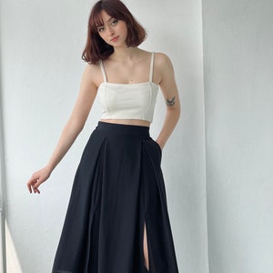 Woman High Waist Cotton Slit Long Skirt With Pockets, Midi Plus Size Summer Skirt, Elastic Waist, Gift for Her, Gift for Women Black