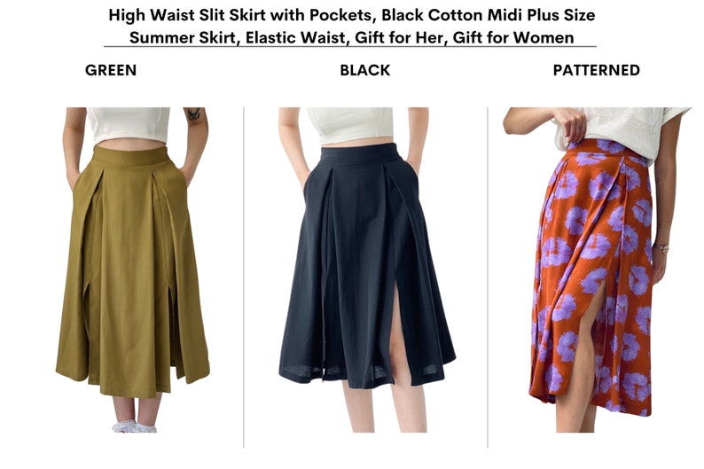 Woman High Waist Cotton Slit Long Skirt With Pockets, Midi Plus Size Summer Skirt, Elastic Waist, Gift for Her, Gift for Women image 9
