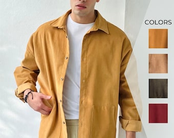 Men’s One Size Stylish Corduroy Mustard Shirt Jacket, Oversized Casual Cotton Long Sleeve Button up Shirt with Two Side Pockets –Handcrafted