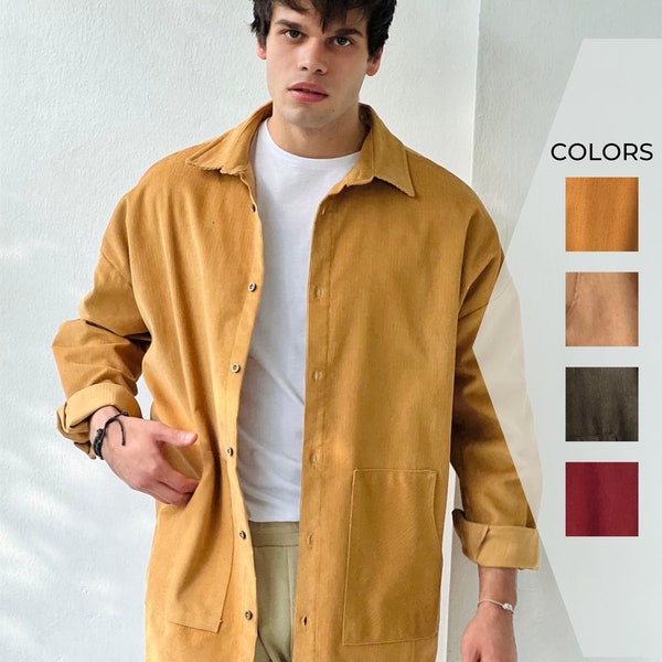 Men’s One Size Stylish Corduroy Mustard Shirt Jacket, Oversized Casual Cotton Long Sleeve Button up Shirt with Two Side Pockets –Handcrafted