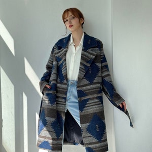 Design Retro Oversize Cashmere Women Coat, Double Breasted Stylish Coat, Abstract Patterned Cognac -Tan Color One Size Coat