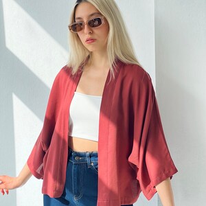 Buttonless Tile Red Solid Short Kimono Jacket | Viscose Long Sleeve Summer Cardigan | Boho Summer Shirt | One Size Loose | Robes