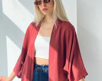 Buttonless Tile Red Solid Short Kimono Jacket | Viscose Long Sleeve Summer Cardigan | Boho Summer Shirt | One Size Loose | Robes