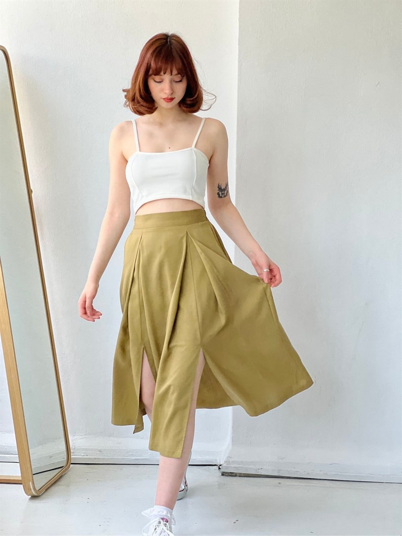 Woman High Waist Cotton Slit Long Skirt With Pockets, Midi Plus Size Summer Skirt, Elastic Waist, Gift for Her, Gift for Women Green