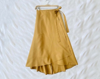 A-Line Skirt With Ties, Mustard Color Solid Midi Wrap Skirt, Envelope Skirt. High Waisted Skirt, Mid-Calf Skirt