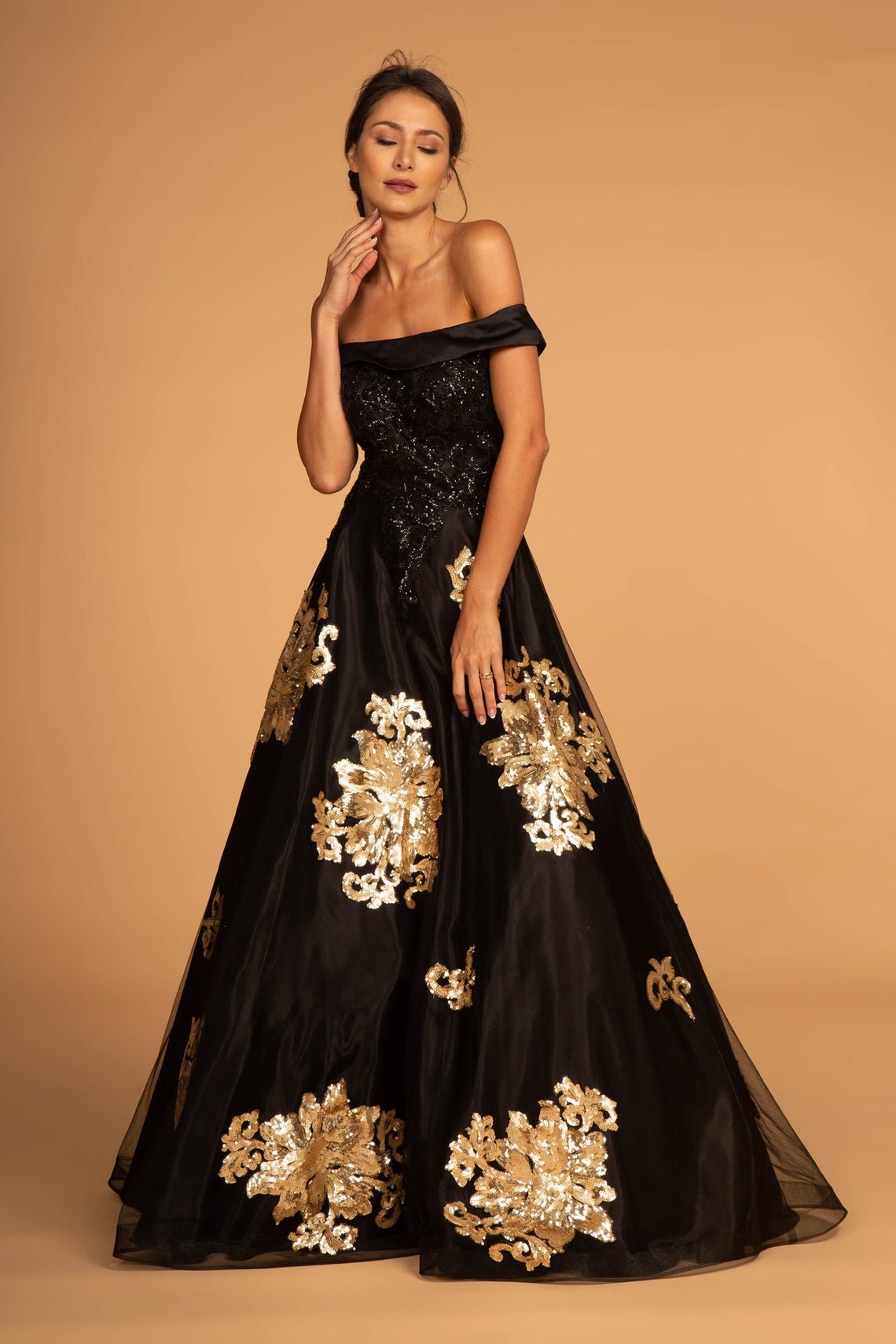 Sequin Embellished Off-The-Shoulder Bodice Luxury Black and image 1