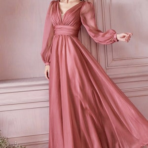 Long Sleeve Layered Belted Skirt Chiffon Bridesmaid Dress With Plunging ...