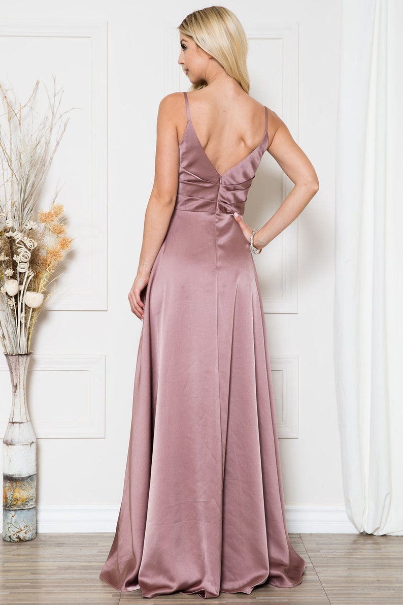 Vintage Hot Pink Satin Sheath Deep V-Neck Spaghetti Strap High Slit Formal Prom Dress DP2454 main image 0