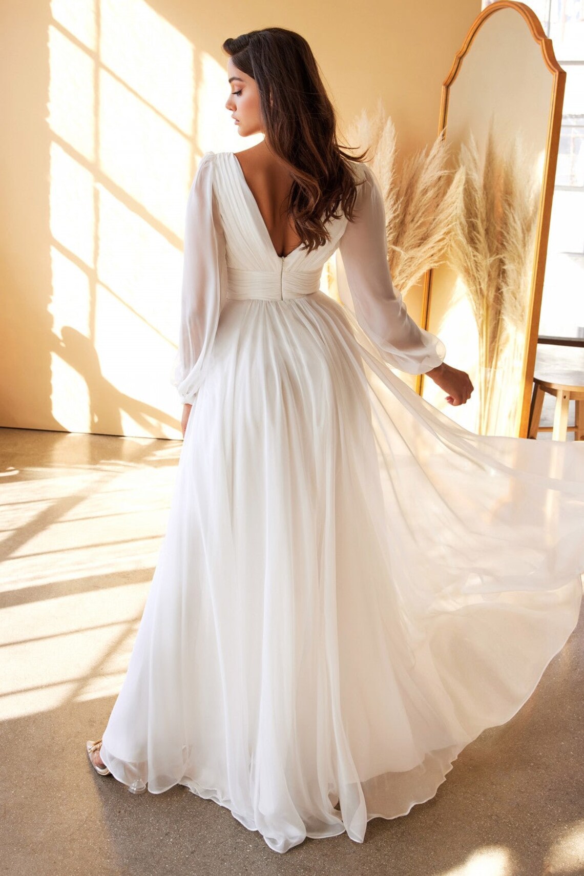 Long Sleeve Layered Belted Skirt Chiffon Wedding Dress With - Etsy