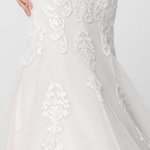 Lace Embellished Mesh Wedding Gown Sheer Open Back Scoop Neckline