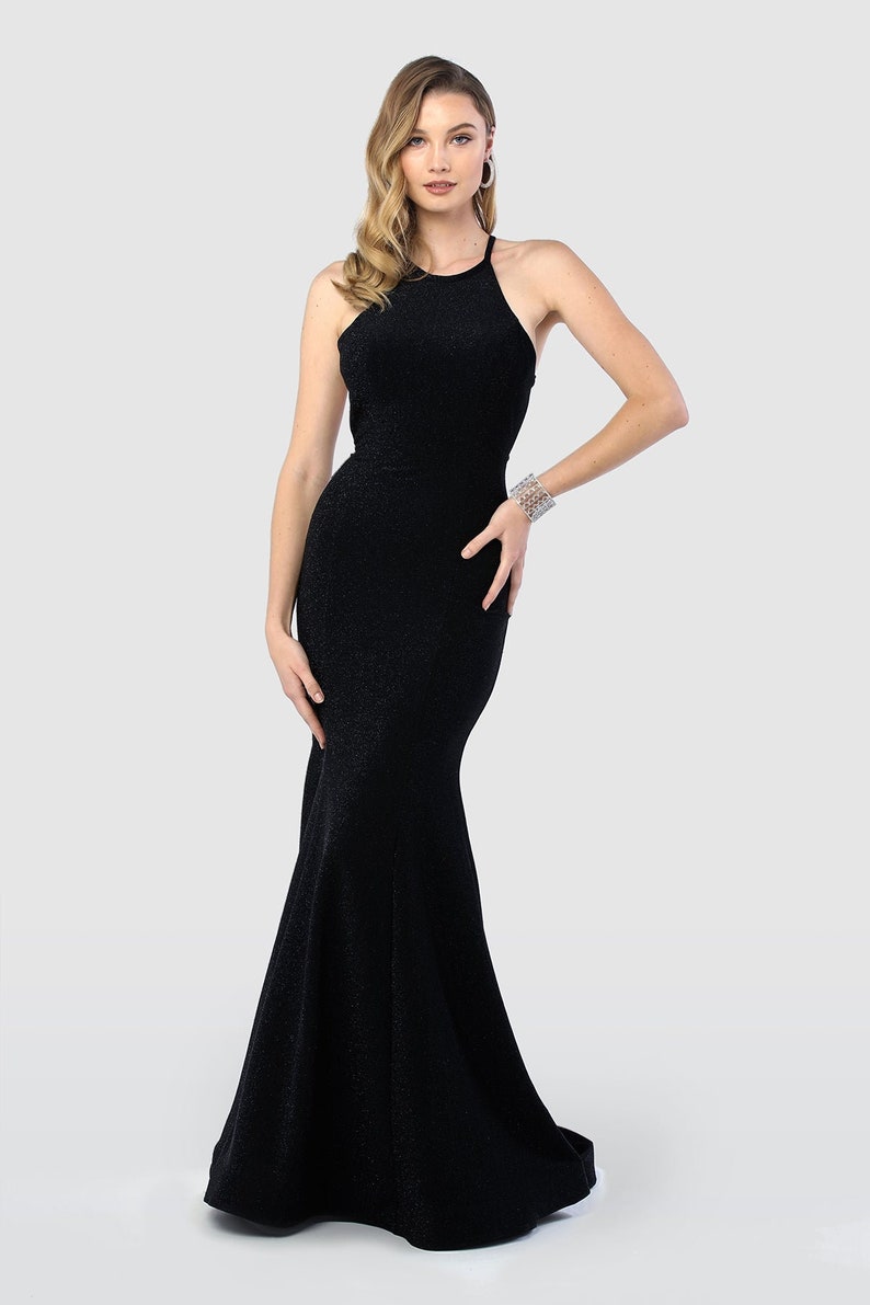 Elegant Fitted Mermaid Glitter Long Evening & Prom Dress | High Halter Neck Bodice | Open Laced Back | Formal shops Gala Gown | NXC208