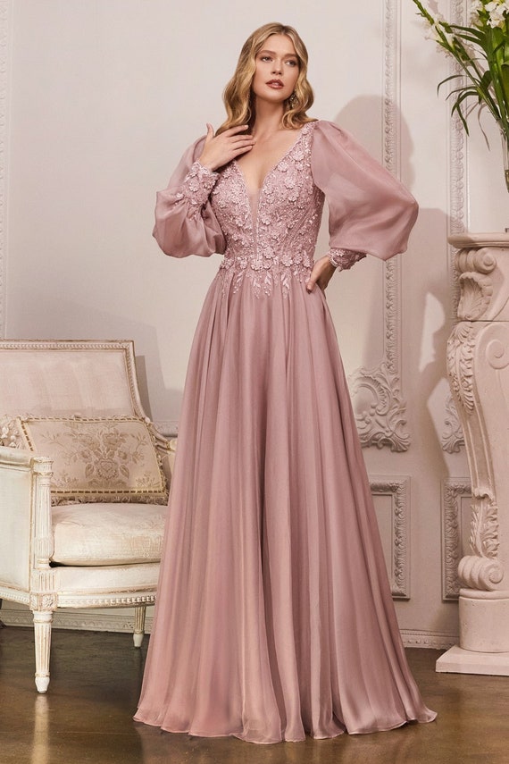 Formal A-line Chiffon Dress With Long Puff Sleeves Zipper Dress