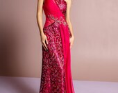 One Shoulder Lace Long Dress with Beaded Waist and Chiffon Overlay GLGL1095