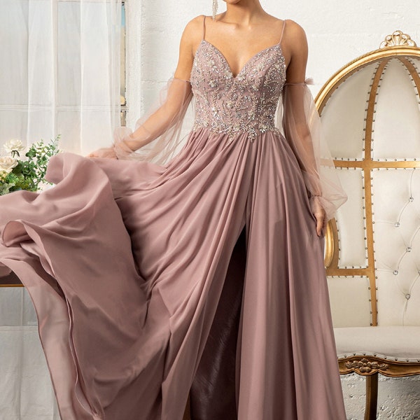 Lace Bodice V-Neck 3/4 Sleeves Long Mother Of The Bride Dress Vintage Mauve Dress main image 0