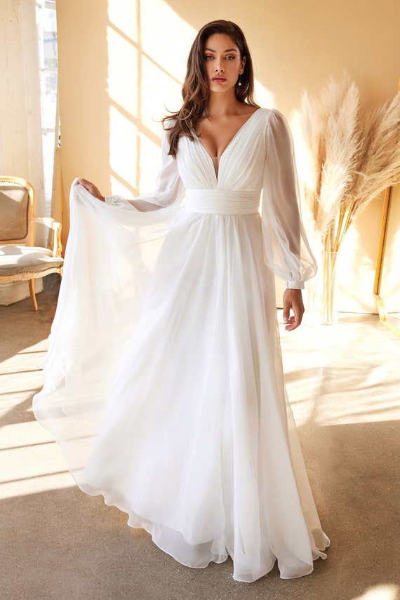 Long Sleeve Layered Belted Skirt Chiffon Wedding Dress With