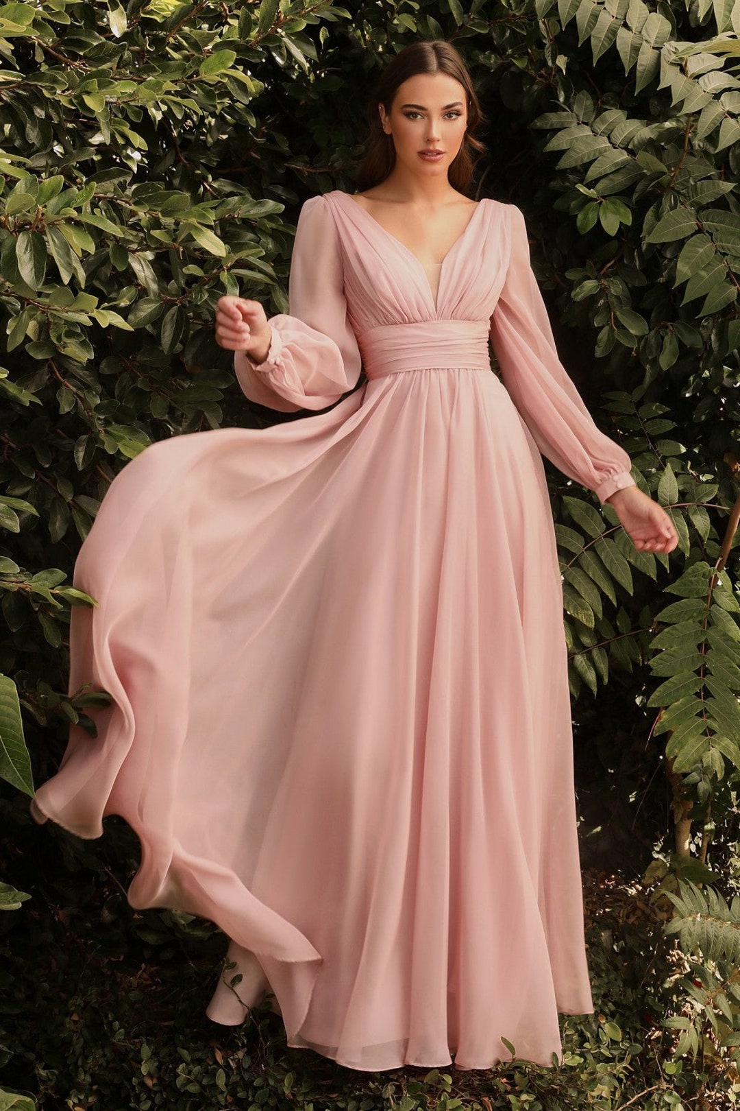 Long Sleeve Layered Belted Skirt Chiffon Bridesmaid Dress With Plunging V  Neckline and V-back Plus Size Prom Dress CD0192 - Etsy