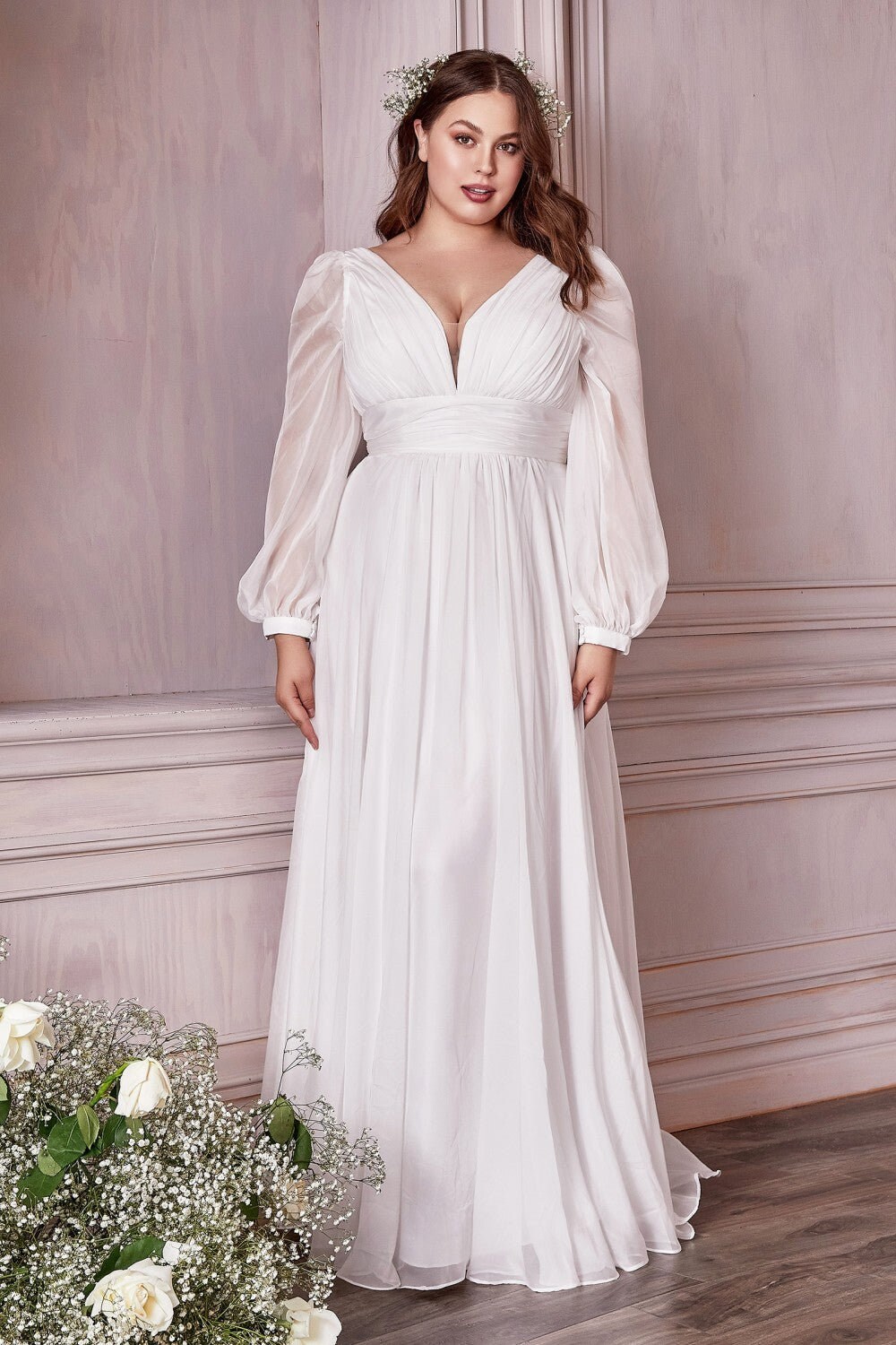 Long Sleeve Layered Belted Skirt Chiffon Bridesmaid Dress With Plunging V  Neckline and V-back Plus Size Prom Dress CD0192 
