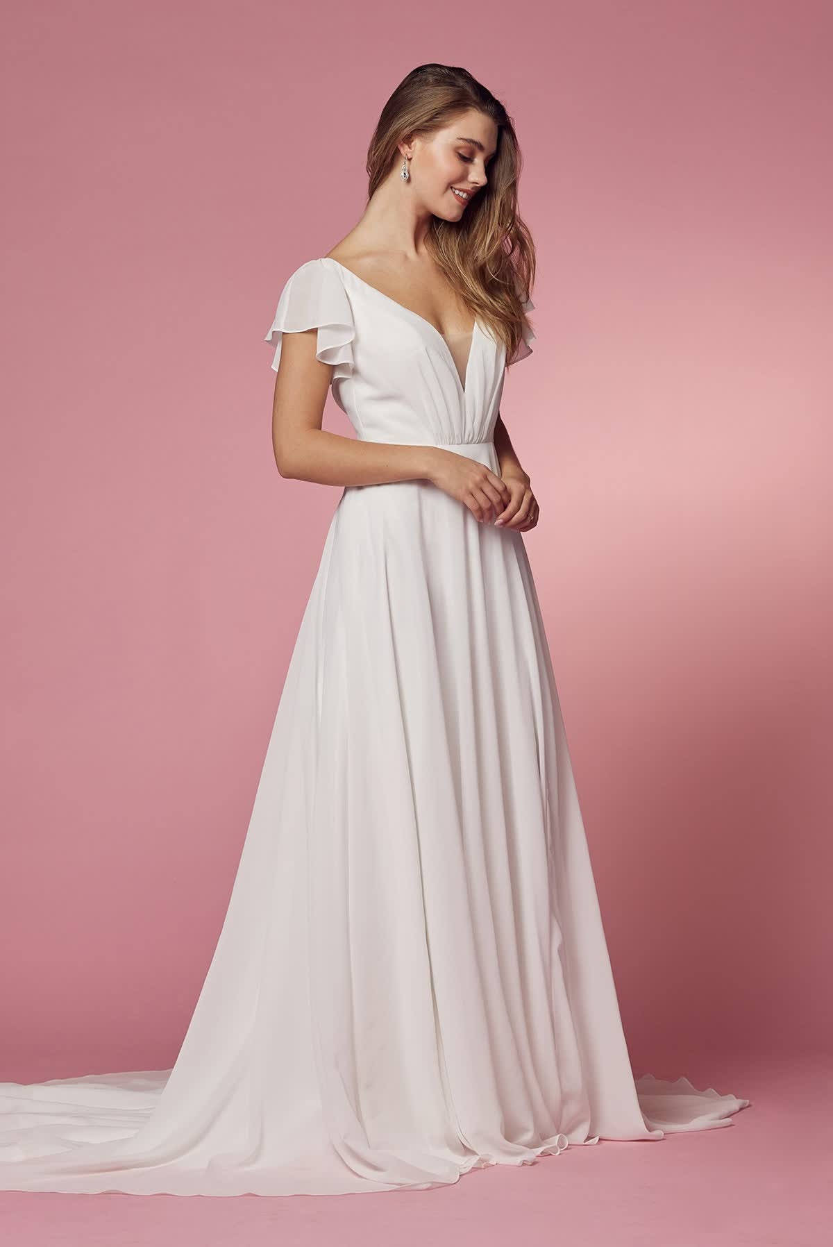 Simple Wedding Dress Chiffon V-Neck Short Sleeves Backless A-Line