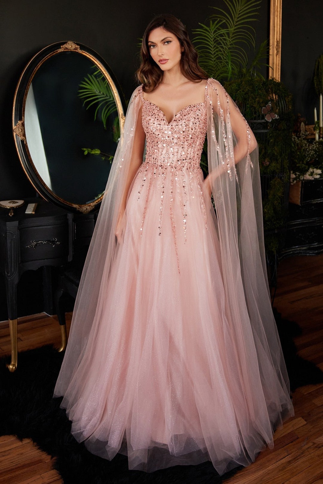 BEADED STRAPLESS FITTED Luxury Evening Gala Prom & Bridesmaid Gown Elegant Luxury Cape Sleeves