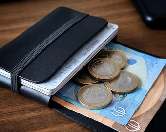 Carbon Black Leather Wallet, Personalized Minimalist Slim Card Holder, RFID Blocking, Christmas Gift