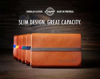 Personalized Leather Wallet in Premium Amber Orange Leather. Minimalist Card Holder with RFID. Perfect for Everyday Use or as a Gift.