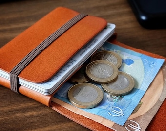 Amber Orange Leather Wallet, Personalized Minimalist Slim Card Holder, RFID Blocking, Birthday Gift
