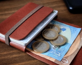 Cognac Brown Leather Wallet, Personalized Engraved Minimalist Slim Card Holder, RFID, Groomsmen Gift