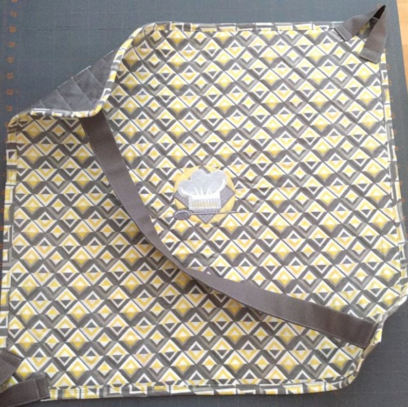 EZ Food Carrier Tote GrayYellow Cube Fabric Quilted Makes a Great Gift! YOUR Name on Strap Reversible /& Personalized Embroidery