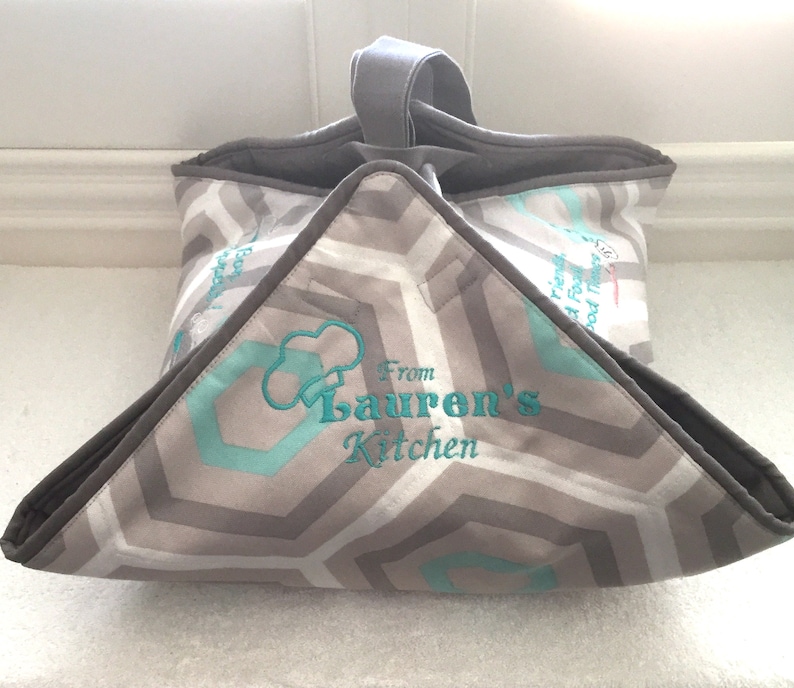 EZ Food Carrier Tote GrayYellow Cube Fabric Quilted Makes a Great Gift! YOUR Name on Strap Reversible /& Personalized Embroidery