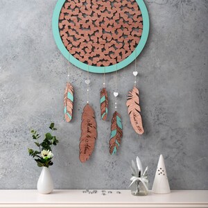 Dream catcher GUEST BOOK legno alternativo Matrimonio personalizzato libro degli ospiti cuori Rustico matrimonio acchiappasogni regalo libro degli ospiti idee legno piume
