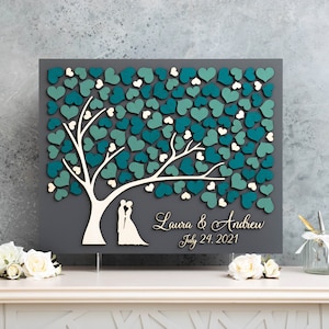 Personalized Wedding Guest Book Alternative – Emerald & Teal Heart Tree – Custom Wooden Guestbook for Garden Wedding Interactive Guest Sign