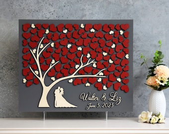 Red Wedding guest book alternative tree wood Custom unique guest book hearts leaves Rustic wedding Rustic wooden tree Tree of life