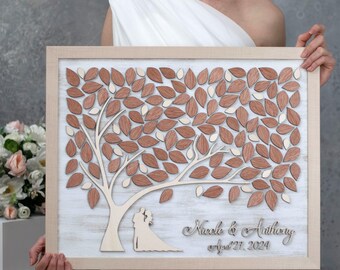 Rustic Wedding Tree with Natural Wood Leaves | Custom Guest Book Alternative | Personalized Guestbook with Pen