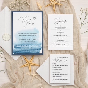 Inviti per matrimonio in spiaggia con buste e biglietti RSVP - Inviti per matrimonio nautico - Set di inviti per matrimonio ad acquerello con sigillo in ceralacca