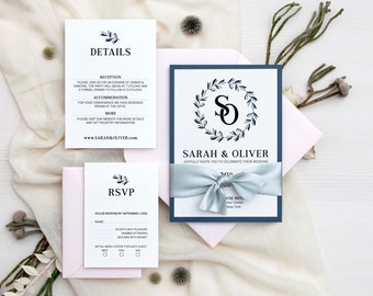 Nautical wedding invitations with eucalyptus leaves, ribbon, and pink envelopes, Bespoke invites suite, Modern wedding Invitation set