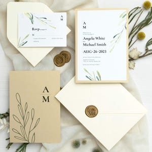 Watercolor Wedding Invitations with RSVP cards, Modern Minimalist wedding Invitations set, Personalized wedding invitation with green leaves