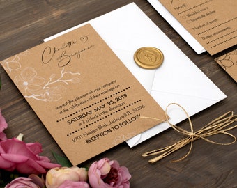 Rustic Wedding Invitations, barn wedding, wedding invitation suite, gold wax seal wedding invitation, floral wedding invitation custom