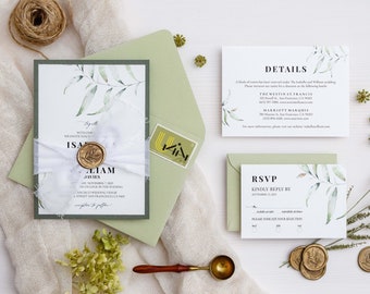 Sage green wedding invitations with eucalyptus leaves, silk ribbon, and gold wax seal, Bespoke invites suite, Modern wedding Invitation set