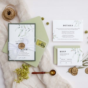 Sage green wedding invitations with eucalyptus leaves, silk ribbon, and gold wax seal, Bespoke invites suite, Modern wedding Invitation set